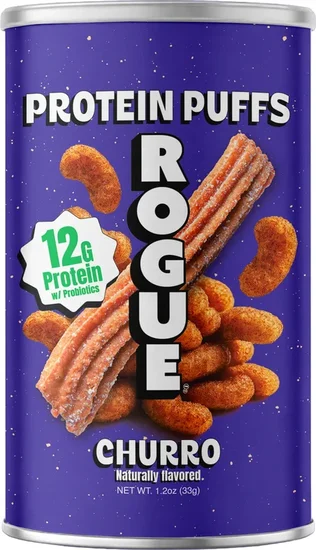 Rogue Snacks, Churro Puffs, 12g Protein, Probiotics, 1.2 oz Can