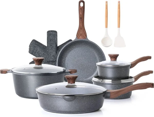SENSARTE 17-Piece Granite Pots and Pans Set, Gray Nonstick Induction Cookware Set, Healthy Kitchen Cooking Sets with Stay-Cool Handles, Dishwasher & Oven Safe, Stackable