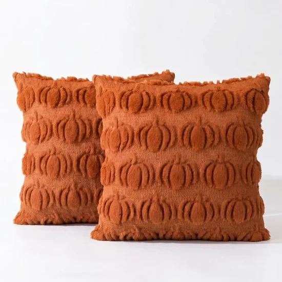 Sm:)e Pumpkin Plush Faux Fur Jacquard Fall Throw Pillow Cover 18x18 Inch, Set of 2, Silky Soft Seasonal Cushion Case for Sofa Couch Caramel