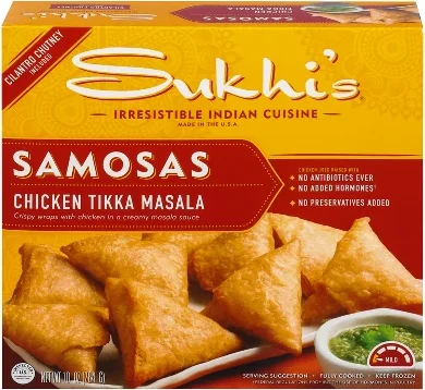 Sukhi's Indian Chicken Tikka Masala Samosa Frozen Appetizer Snack with Cilantro Chutney Dipping Sauce - 10oz