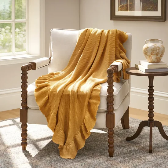 The Pioneer Woman Ruffle Knit Oversized Couch Throw Blanket, Mustard, 50 x 72 in