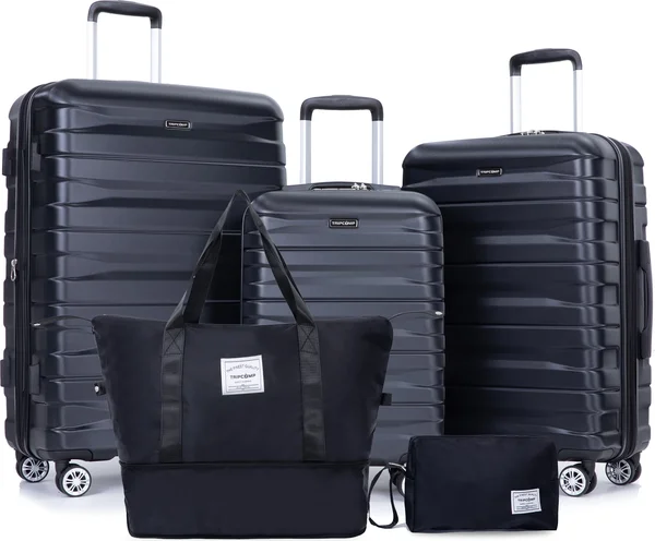 Tripcomp 5-Piece Hardside Luggage Set with Duffel Bag & Spinner Wheels, 20/24/28 Inch Lightweight ABS Suitcases with TSA Lock,Black