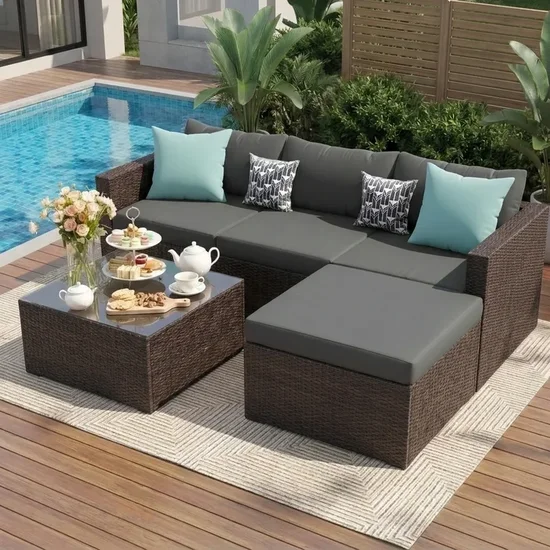 UDPATIO 5-Piece Patio Furniture Set,Outdoor Patio Furniture Set All-Weather Rattan Wicker Patio Conversation Set with Ottoman, Cushions & Glass Table for Garden & Backyard, Gray