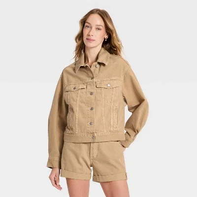 Women's Relaxed Denim Trucker Jacket - Universal Thread™ Khaki M