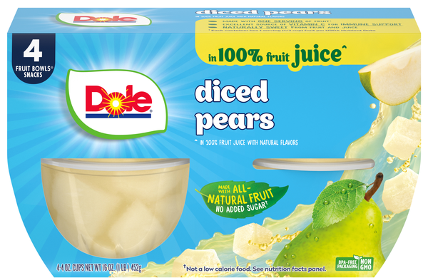 Dole Diced Pears Fruit Cups in Juice - 4 ct