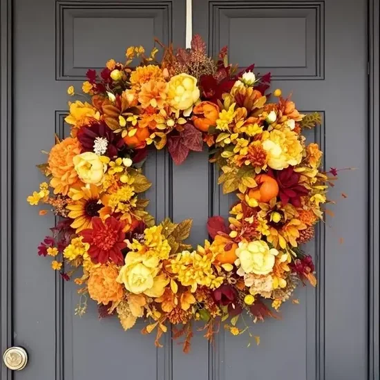 18-Inch Fall Wreath with Sunflowers, Marigolds, Mums and Pumpkins