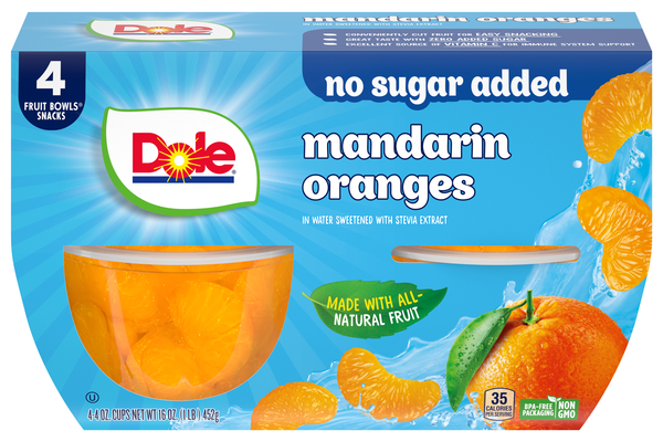 Dole No Sugar Added Mandarin Oranges Fruit Cups in Sweetened Water - 4 ct