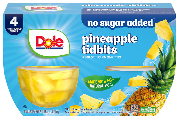 Dole No Sugar Added Pineapple Tidbits Fruit Cups with Stevia - 4 ct