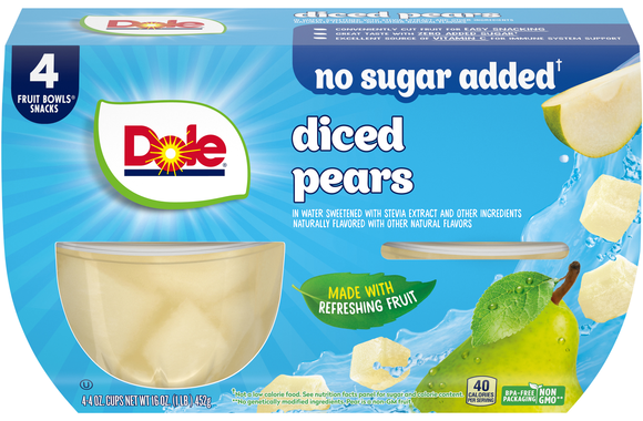 Dole No Sugar Added Diced Pears Fruit Cups with Stevia - 4 ct