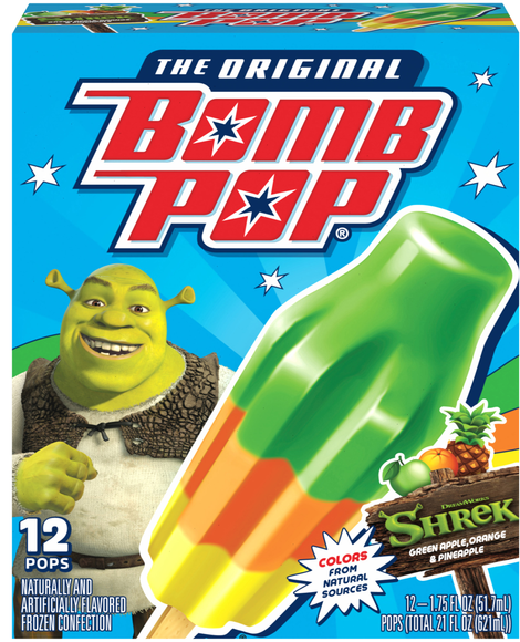 Bomb Pop Shrek Green Apple Orange & Pineapple Ice Pops - 12 ct