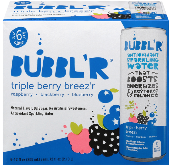 Bubbl'r Triple Berry Breez'r Antioxidant Sparkling Water - 6 pk