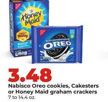 Nabisco Oreo cookies, Cakesters or Honey Maid graham crackers