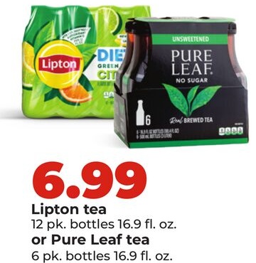 Lipton tea 12 pk. bottles 16.9 fl. oz. or Pure Leaf tea 6 pk. bottles 16.9 fl. oz.