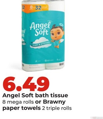 Angel Soft bath tissue 8 mega rolls or Brawny paper towels 2 triple rolls