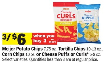 Meijer Potato Chips 7.75 oz., Tortilla Chips 10-13 oz., Corn Chips 10 oz. or Cheese Puffs or Curls* 5-8 oz.