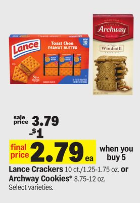 Lance Crackers 10 ct./1.25-1.75 oz. or Archway Cookies* 8.75-12 oz.