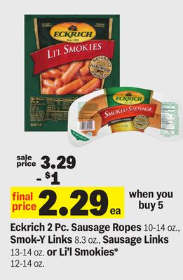 Eckrich 2 Pc. Sausage Ropes 10-14 oz., Smok-Y Links 8.3 oz., Sausage Links 13-14 oz. or Li'l Smokies* 12-14 oz.