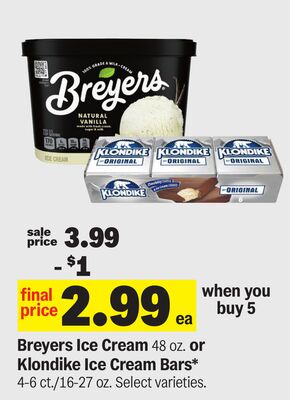 Breyers Ice Cream 48 oz. or Klondike Ice Cream Bars* 4-6 ct./16-27 oz.