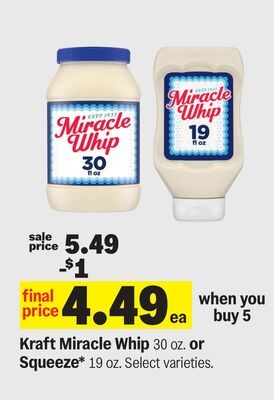 Kraft Miracle Whip 30 oz. or Squeeze* 19 oz.