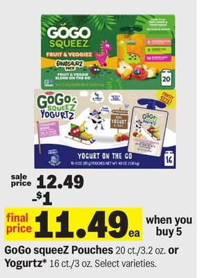 GoGo squeeZ Pouches 20 ct./3.2 oz. or Yogurtz* 16 ct./3 oz.