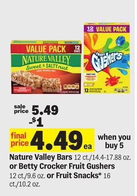 Nature Valley Bars 12 ct./14.4-17.88 oz. or Betty Crocker Fruit Gushers 12 ct./9.6 oz. or Fruit Snacks* 16