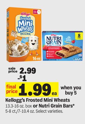 Kellogg's Frosted Mini Wheats 13.3-16 oz. box or Nutri Grain Bars* 5-8 ct./7-10.4 oz.