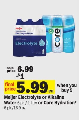 Meijer Electrolyte or Alkaline Water 6 pk./ 1 liter or Core Hydration* 6 pk./16.9 oz.