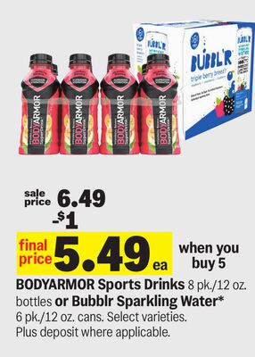 BODYARMOR Sports Drinks 8 pk./12 oz. bottles or Bubblr Sparkling Water* 6 pk./12 oz. cans.