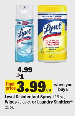 Lysol Disinfectant Spray 12.5 oz., Wipes 70-80 ct. or Laundry Sanitizer* 21 oz.