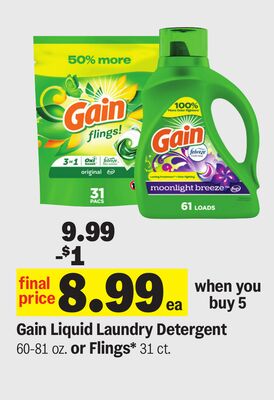 Gain Liquid Laundry Detergent 60-81 oz. or Flings* 31 ct.