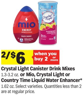 Crystal Light Canister Drink Mixes 1.3-3.2 oz. or Mio, Crystal Light or Country Time Liquid Water Enhancer* 1.62 oz.