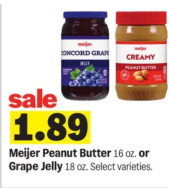 Meijer Peanut Butter 16 oz. or Grape Jelly 18 oz.