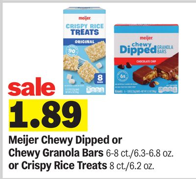 Meijer Chewy Dipped or Chewy Granola Bars 6-8 ct./6.3-6.8 oz. or Crispy Rice Treats 8 ct./6.2 oz.