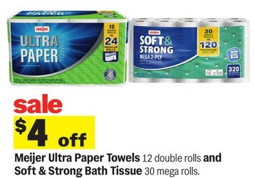 Meijer Ultra Paper Towels 12 double rolls and Soft & Strong Bath Tissue 30 mega rolls.