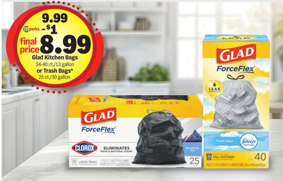 Glad Kitchen Bags 34-40 ct./13 gallon or Trash Bags* 25 ct./30 gallon.