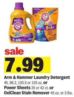 Arm & Hammer Laundry Detergent 45, 96.2, 100.5 or 105 oz. or Power Sheets 35 or 42 ct. or OxiClean Stain Remover 45 oz. or 3 lbs.