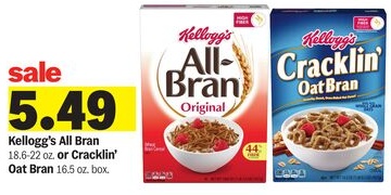 Kellogg's All Bran 18.6-22 oz. or Cracklin' Oat Bran 16.5 oz. box.