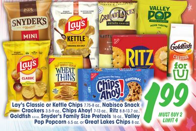 Lay's Classic or Kettle Chips 1.5-4.5 oz, Nabisco Snack Crackers 4.5-7.5 oz, Chips Ahoy! 7.5-8.5 oz, Ritz 8.5-13.7 oz, Goldfish 5-8 oz, Snyder's Family Size Pretzels 16 oz, Valley Pop Popcorn 4.5 oz or Great Lakes Chips 8 oz