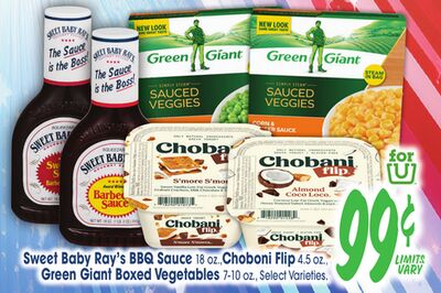 Sweet Baby Ray's BBQ Sauce, Chobani Flip, Green Giant Boxed Vegetables