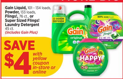 Gain Liquid, 101 - 134 loads, Powder, 133 loads, Flings!, 76 ct., or Super Sized Flings! Laundry Detergent 45 ct.