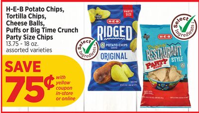 H-E-B Potato Chips, Tortilla Chips, Cheese Balls, Puffs or Big Time Crunch Party Size Chips