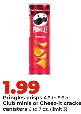 Pringles crisps 4.9 to 5.6 oz., Club minis or Cheez-It crackers canisters