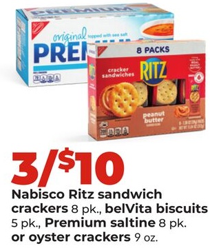 Nabisco Ritz sandwich crackers 8 pk., belVita biscuits 5 pk., Premium saltine 8 pk. or oyster crackers 9 oz.