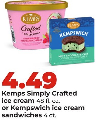 Kemps Simply Crafted ice cream 48 fl. oz. or Kempswich ice cream sandwiches 4 ct.