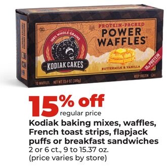 Kodiak baking mixes, waffles, French toast strips, flapjack puffs or breakfast sandwiches