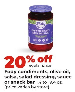 Fody condiments, olive oil, salsa, salad dressing, sauce or snack bar