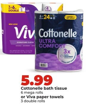 Cottonelle bath tissue 6 mega rolls or Viva paper towels 3 double rolls