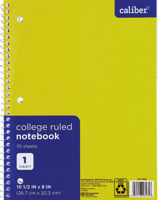 Caliber composition notebook 100 sheets, 1 subject ruled notebook 70 sheets, pencils 10 ct., pencil pouch or highlighters 5 ct.