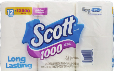 Scott bath tissue 12 rolls, Comfort Plus 18 double rolls or paper towels 8 double rolls.