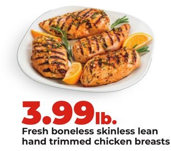 Fresh boneless skinless lean hand trimmed chicken breasts